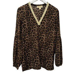 MICHAEL Michael Kors Leopard Print Top Medium Gold Metallic Trim Tunic Blouse